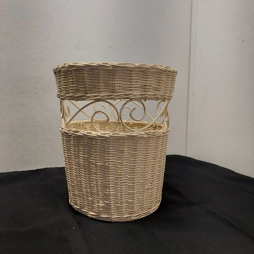 Vintage Wicker Wastebasket Cream White Scrollwork Metal Accents Storage Basket